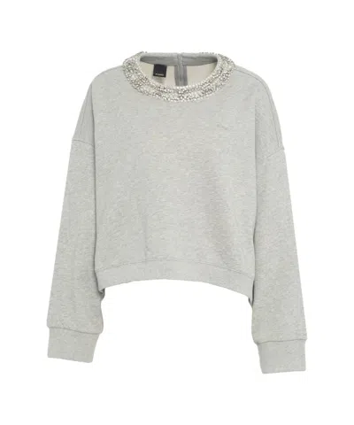 Pinko Cropped Grey Sweatshirt With Jewel Embroidery