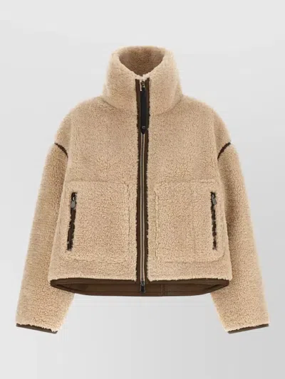 Pinko Cropped Jacket High Collar Shearling Texture In Neutral