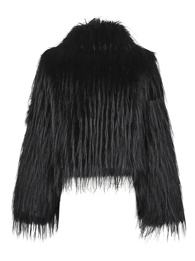 Pinko Cropped Jacket With Shaggy Faux Fur In Black
