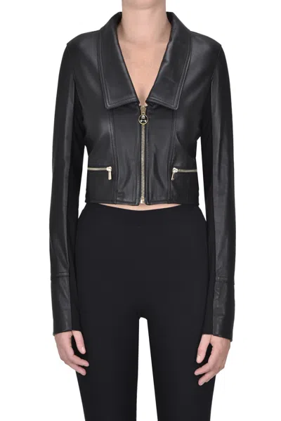 Pinko Cropped Leather Jacket In Black