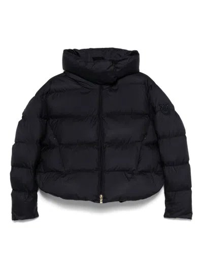 PINKO CROPPED NAVY BLUE QUILTED COAT WITH HIGH NECK AND LOGO PATCH