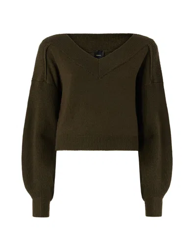 Pinko Cropped Off-shoulder Knit Sweater In Green