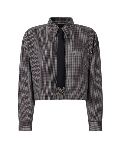 Pinko Cropped Plaid Shirt With Tie Detail In Nero/bianco/rosso
