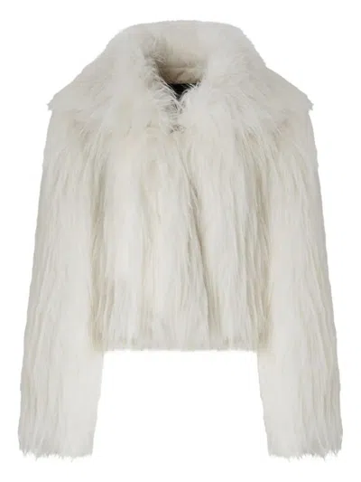 Pinko Cropped Plush Coat With Wide Collar And Textured Finish In White