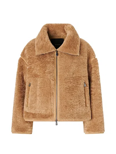 Pinko Cropped Plush-textured Jacket With Wide Collar And Zippered Pockets In Brown