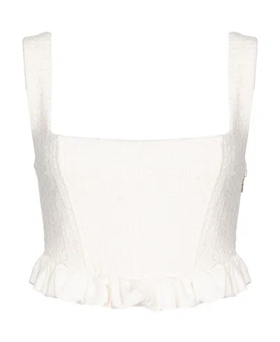 Pinko Cropped Ruffled Sleeveless Tweed Top In White
