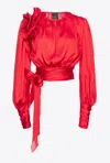 Pinko Cropped Satin Blouse With Appliqués In Salsa Red