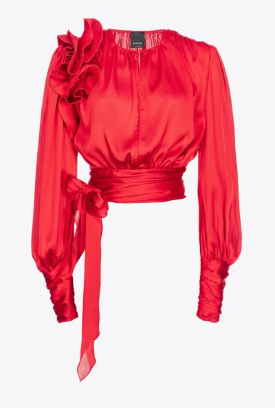 Pinko Ruffle-detail Satin Blouse In Salsa Red