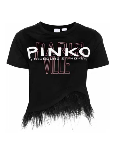 Pinko Feather Detail Cropped T-shirt In Black