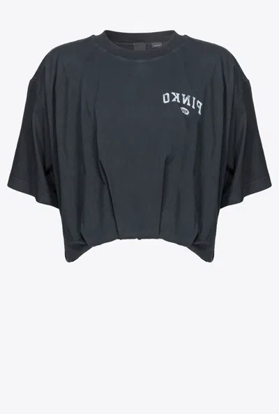 Pinko Cropped T-shirt With Logo Print In Limo Black