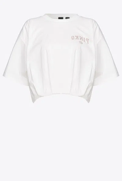 Pinko Cropped T-shirt With Logo Print In Pure White