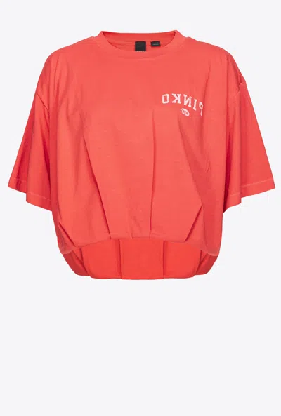 Pinko Cropped T-shirt With Logo Print In Rosso-dulcamara