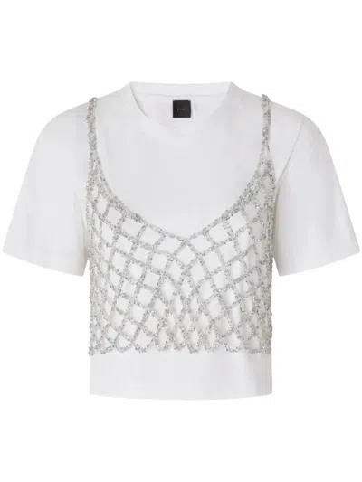 PINKO CROPPED TOP WITH DECORATIVE CHAIN NET OVERLAY