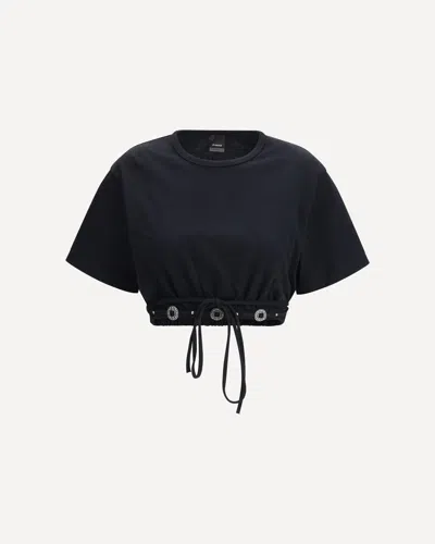 Pinko Cropped T-shirt In Pure Cotton With Lace-up Detail And Western Accents In Black