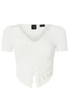Pinko Cropped White Ribbed Viscose Blend T-shirt