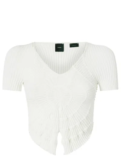 Pinko Cropped White Ribbed Viscose Blend T-shirt