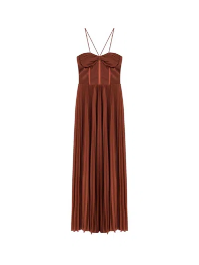 Pinko Cicogna Pleated Long Dress With Bustier Detail In Brown