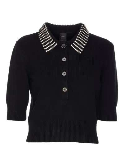 Pinko Crystal-collar Half-zip Cropped Sweater In Black