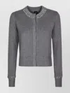 Pinko Grey Cardigan With Crystal Embellishments And Logo Patch On The Back In Cashmere Woman In Gray