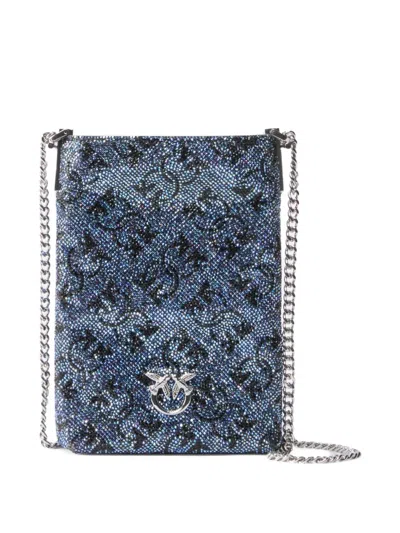 Pinko Crystal-embellished Chain Phone Bag In Blue