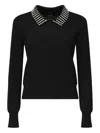 Pinko Classic Black Sweater With Embellished Collar And Ribbed Hem In Black