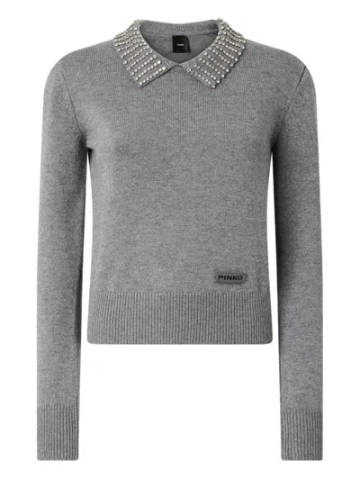 PINKO PINKO CRYSTAL-EMBELLISHED GREY SWEATER WITH RIBBED HEM