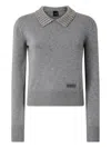Pinko Crystal-embellished Grey Sweater With Ribbed Hem In Gray