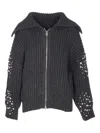 Pinko Crystal-embellished Ribbed Cardigan In Gray
