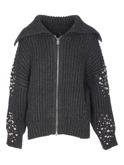 Pinko Crystal-embellished Ribbed Cardigan In Gray