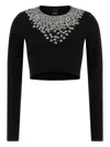 Pinko Cropped Sweater With Sequins And Crystals In Black