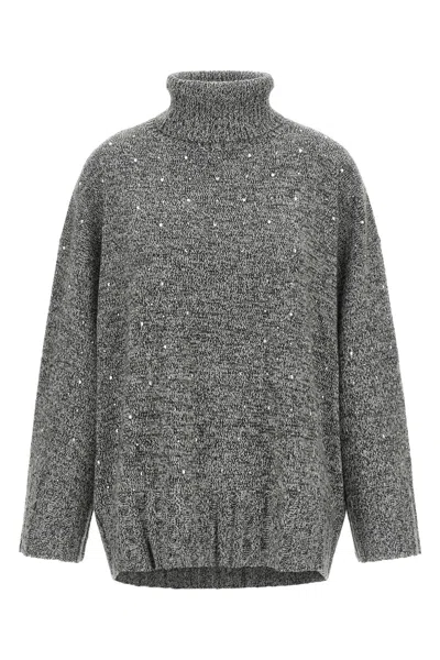 Pinko Crystal Embellished Turtleneck Relaxed Knit Sweater In Gray