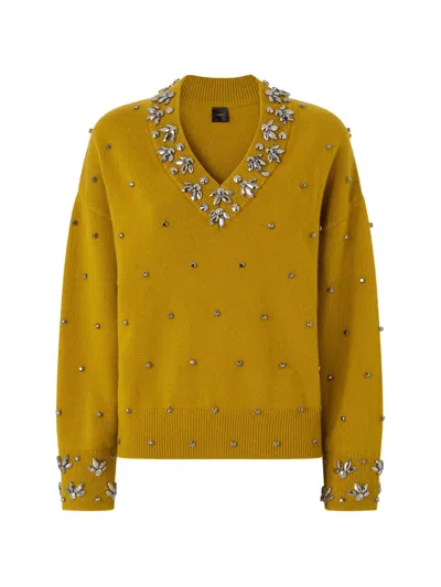 Pinko Cashmere Wool Crystal Embellished V-neck Long-sleeve Sweater In Yellow
