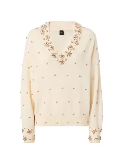 Pinko Crystal-embellished V-neck Sweater In Neutral