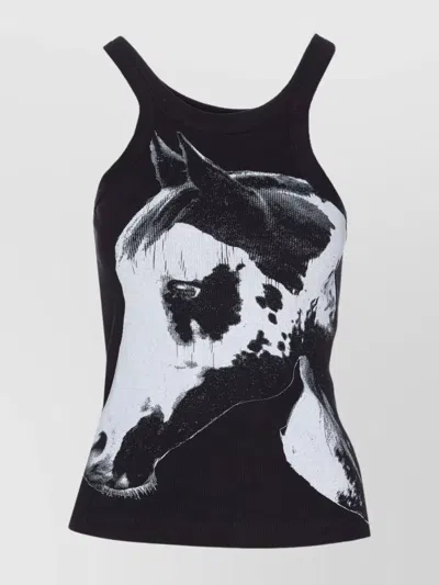 Pinko Curly Horse Graphic Ribbed Sleeveless Top In Noir/blanc