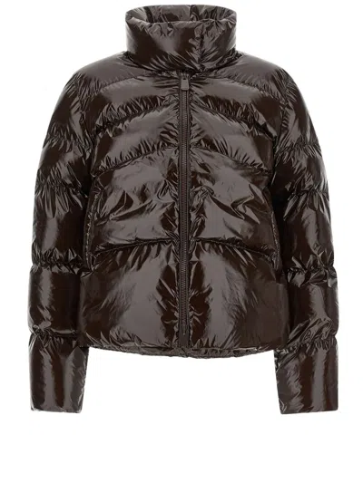 Pinko Dark Brown High Collar Quilted Nylon Down Jacket In Black