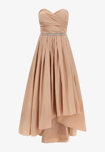 Pinko Dattero Asymmetrical Strapless Dress In Brown