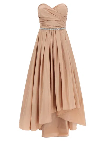 Pinko Dattero Dress Strapless Ruched Bodice Pleated Skirt In Brown