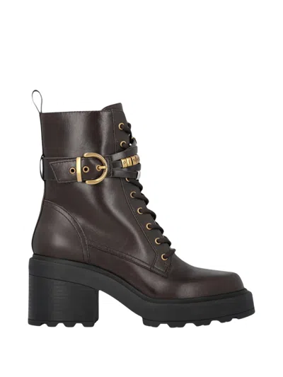 Pinko Deep Brown Leather Ankle Boots With Gold-tone Accents