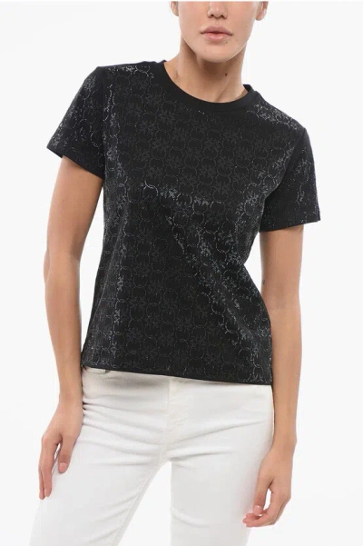 Pinko Denim All-over Rhinestone Cotton Quentin Crew-neck T-shirt