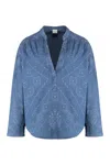 Pinko Printed V-neck Denim Blouse In Blue