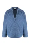 Pinko Printed V-neck Denim Blouse In Blue