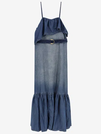 Pinko Dress Chiarodiluna Blue With V Neck And Long Sleeves In Lyocell Women
