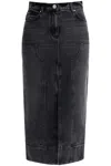 Pinko Vintage Wash Denim Gregoriana Midi Skirt With Front Slit In Grey