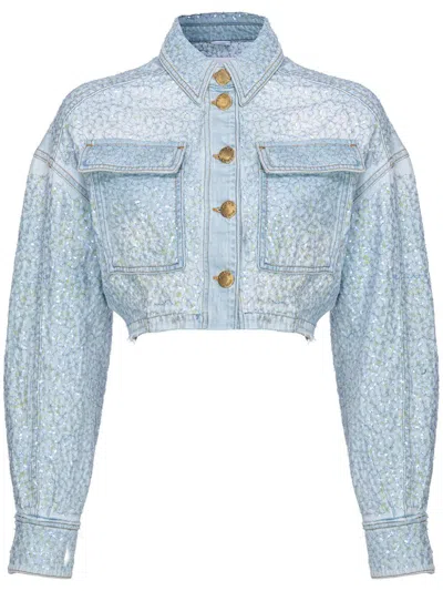 Pinko Sequin-embellished Cropped Denim Jacket In Light Wash