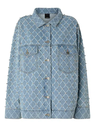 Pinko Pifferaio Jacquard Crystal Denim Overshirt In Blue