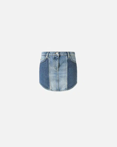 Pinko Denim Mini Skirt With Mini Rhinestones In Blue