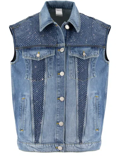 Pinko Denim Vest With Sparkling Studs In Blue