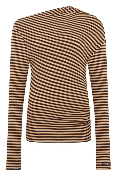 Pinko Diagonal Stripe Wool-blend Polo Sweater With Asymmetrical Neckline In Multi