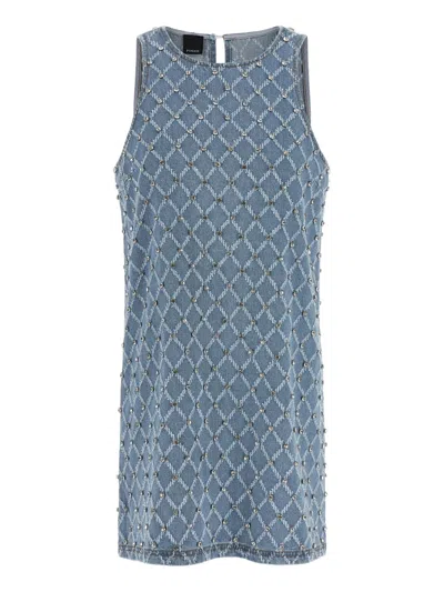 Pinko Diamond Pattern Crystal Appliqué Crew Neck Mini Dress With Teardrop Cut-out In Blue