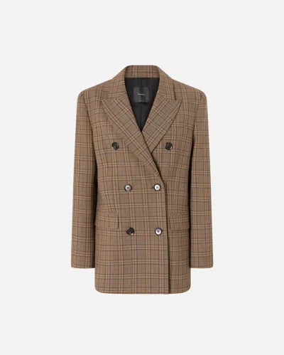 Pinko Double-breasted Blazer With Checked Pattern In Brown Camel